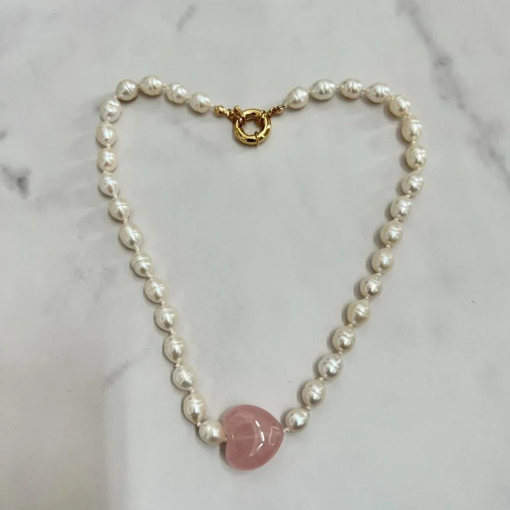 Baroque Freshwater Pearl Rose Quartz Heart Beaded Necklace - Picture 2 of 5